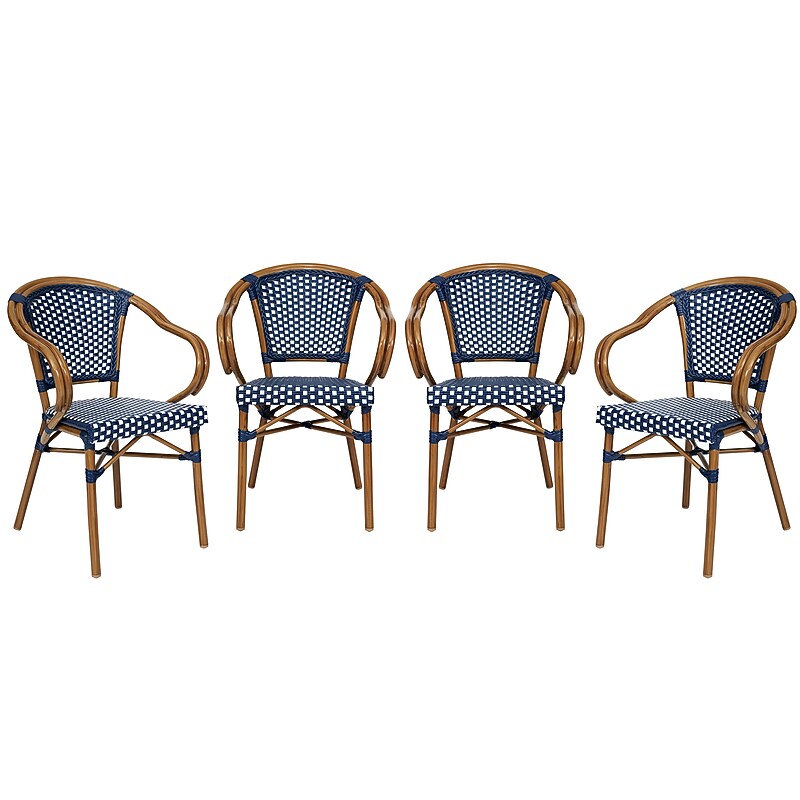 Flash Furniture Bordeaux Indoor/Outdoor French Bistro Stacking Chair with Arms, Navy/White/Natural, 4/Pack (4SDAS642142NVWN) image 1