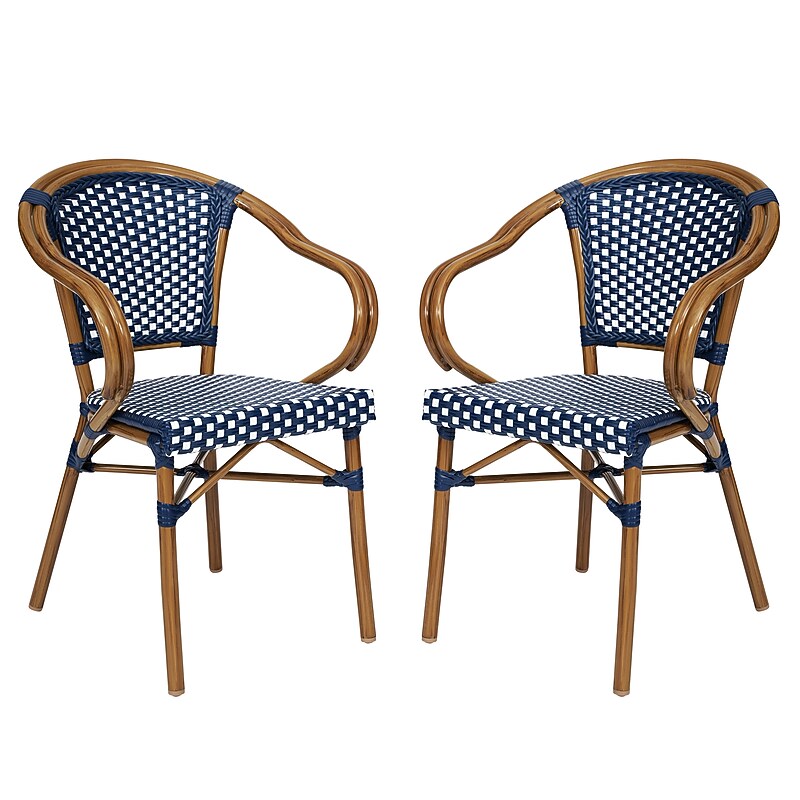 Flash Furniture Bordeaux Indoor/Outdoor French Bistro Stacking Chair with Arms, Navy/White/Natural, 2/Pack (2SDAS642142NVWN) image 1