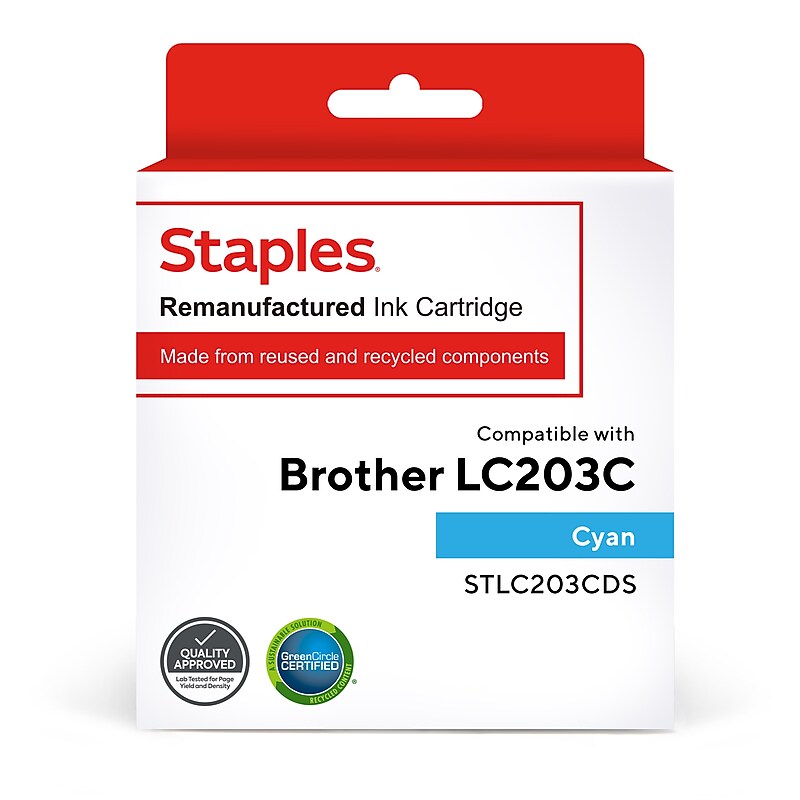 Staples Remanufactured Cyan High Yield Ink Cartridge Replacement for Brother LC-203XL (STLC203CDS) image 1