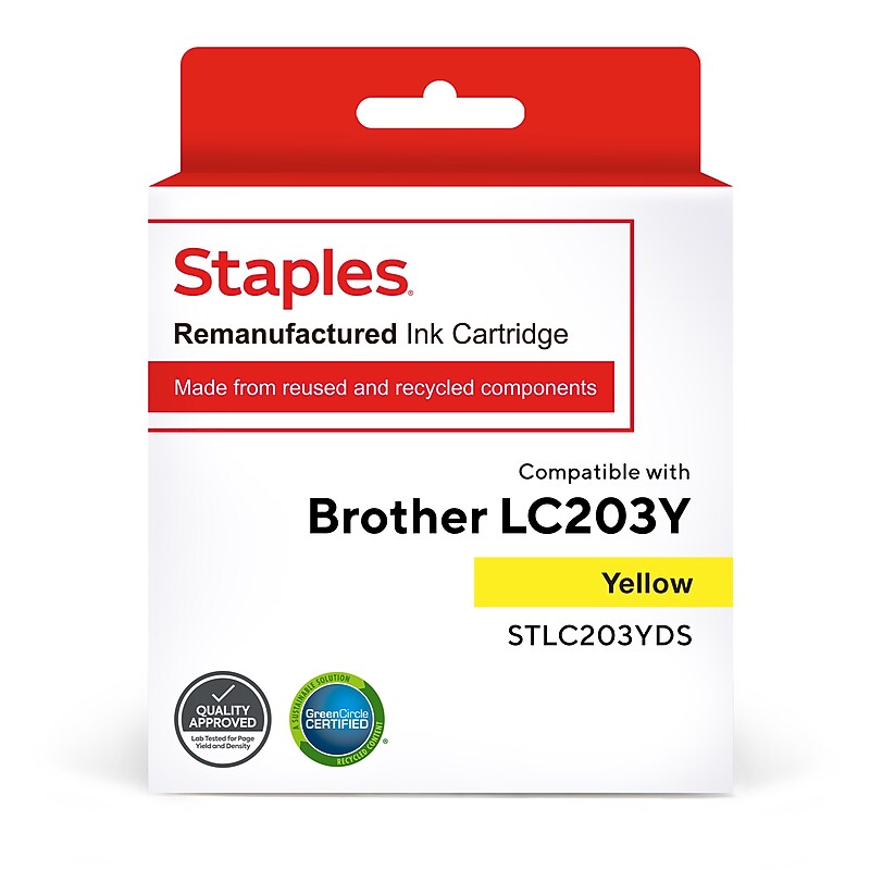 Staples Remanufactured Yellow High Yield Ink Cartridge Replacement for Brother LC-203XL (STLC203YDS) image 1