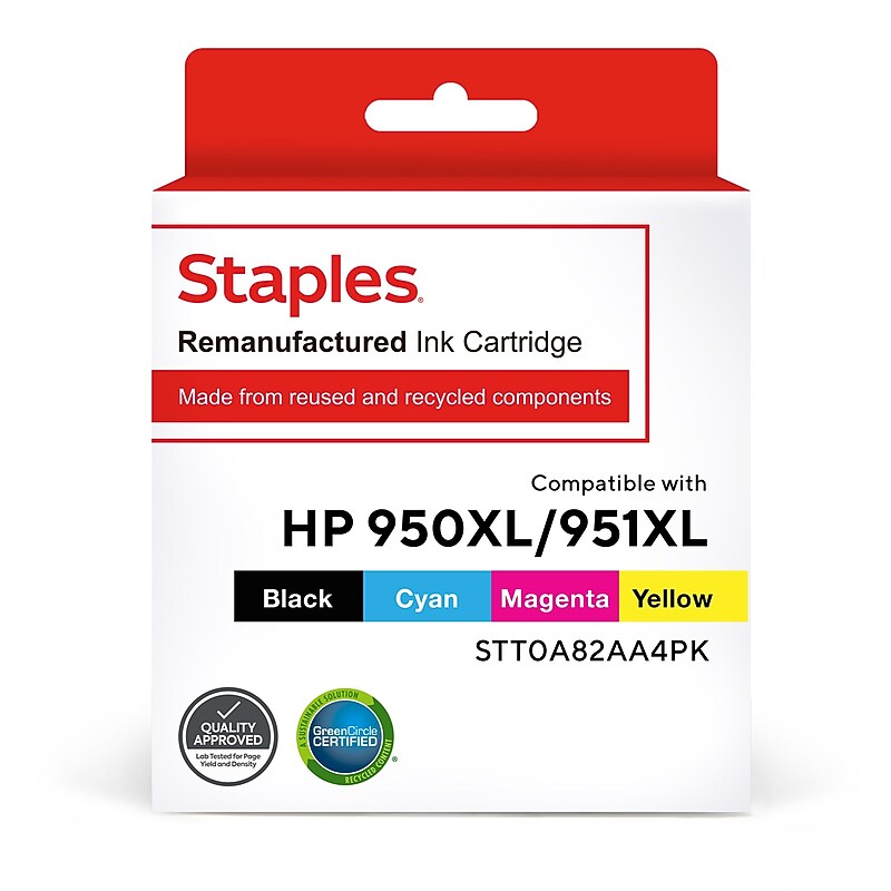 Staples Remanufactured Black/Cyan/Magenta/Yellow High Yield Ink Cartridges Replacement for HP 950XL/951XL, 4/Pack (STT0A82AA4PK) image 1