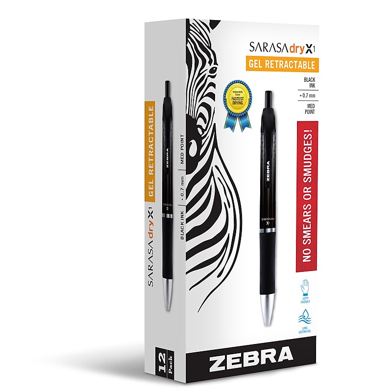 Zebra Sarasa Dry X1 Retractable Gel Pen, Medium Point, 0.7mm, Black Ink, Dozen (45610) image 1