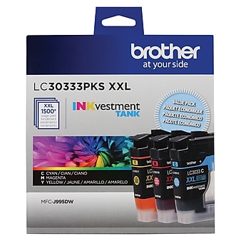 Brother LC3033 Cyan/Magenta/Yellow Super High Yield Ink Tank Cartridge, 3/Pack