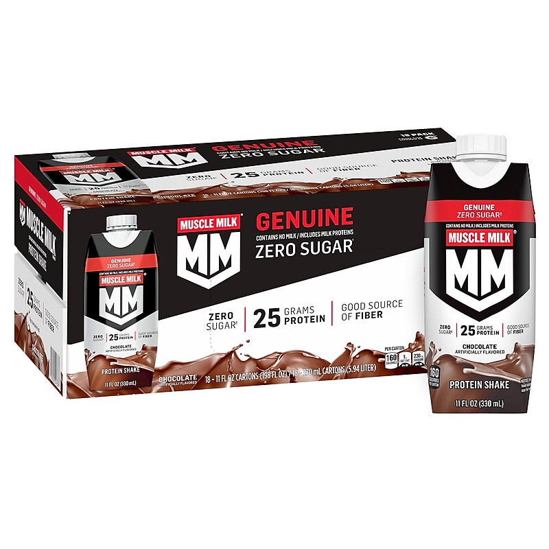 Muscle Milk Genuine Chocolate Protein Shake, 11 oz, 18/Pack (220-02378) image 1
