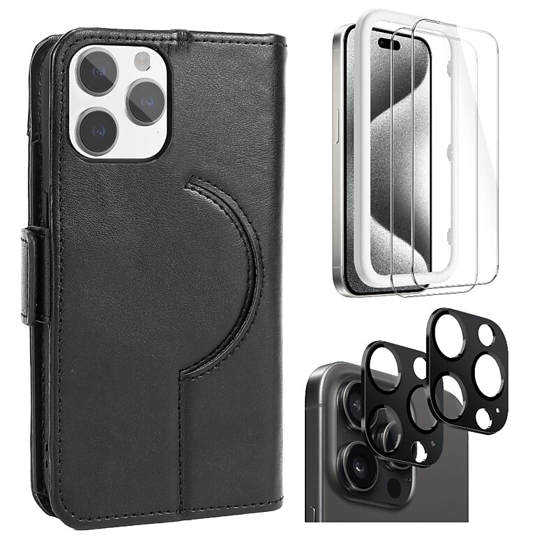 SaharaCase Genuine Leather Wallet Case, Tempered Glass Screen, Camera Protector for iPhone 15 Pro Max, Black (CP480ZD128ZD131) image 1