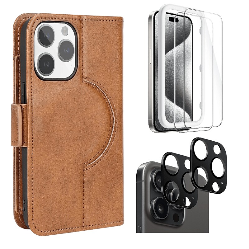 SaharaCase Genuine Leather Wallet Case, Tempered Glass Screen, Camera Protector for iPhone 15 Pro Max, Brown (CP481ZD128ZD131) image 1