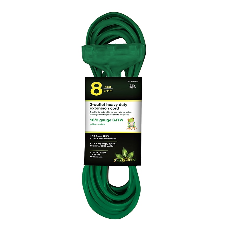 GoGreen Power 16/3 8' 3 Outlet Heavy Duty Extension Cord (GG-15008GN) image 1