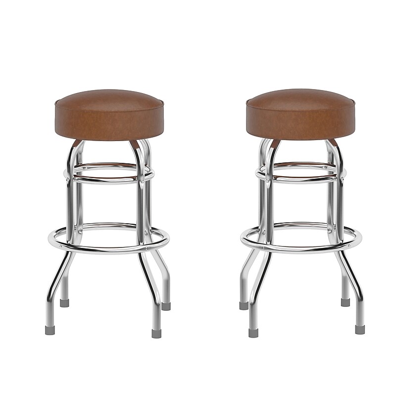 Flash Furniture Bruno Traditional Vinyl Double Ring Barstool without Back, Weathered Brown, 2-Pieces/Pack (2XUD100WBRN) image 1
