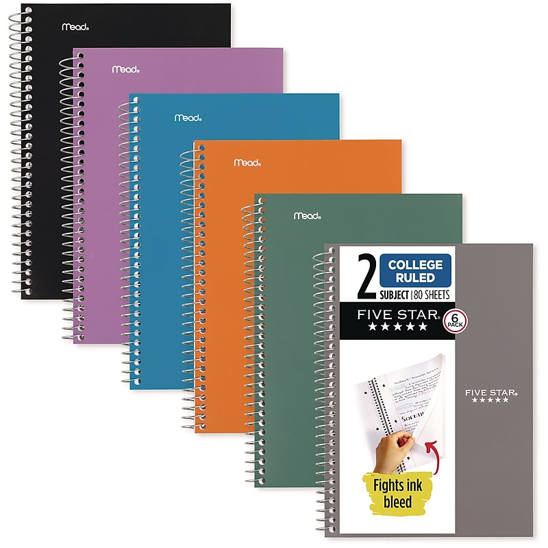 Five Star 2-Subject Notebooks, 9.5" x 6.52", College Ruled, 80 Sheets, Assorted Colors, 6/Pack (73711) image 1