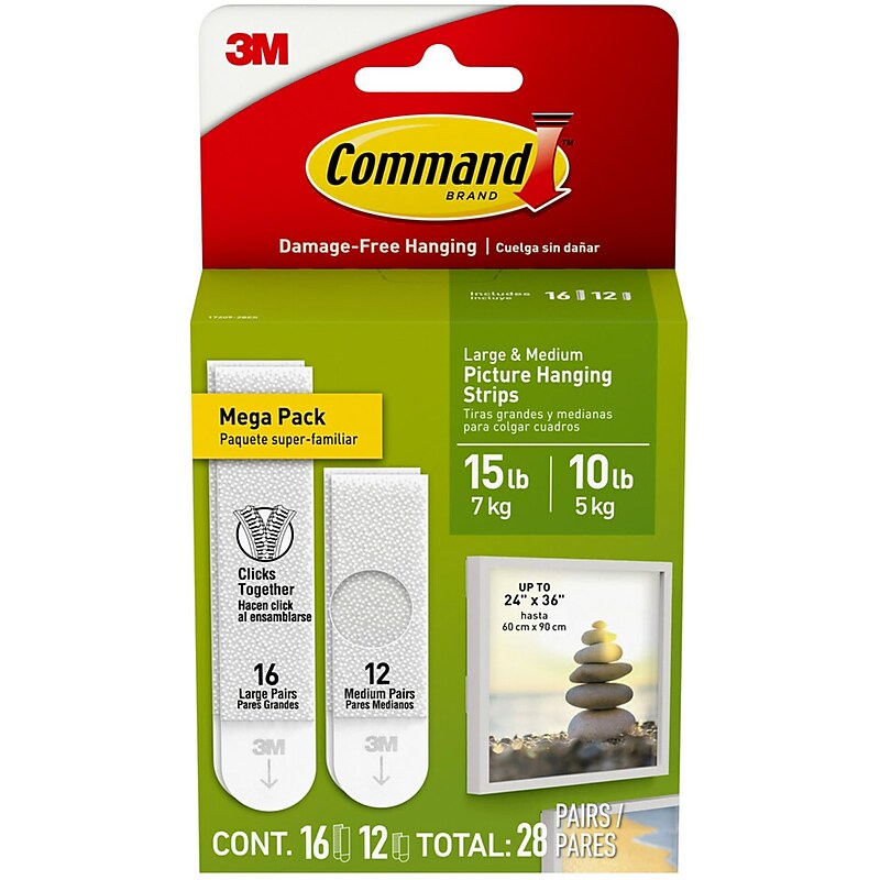 Command Assorted Hanging Strips, 15 lb., White, 12 Medium Pairs/Pack, 16 Large Pairs/Pack (MMM1720928ES) image 1