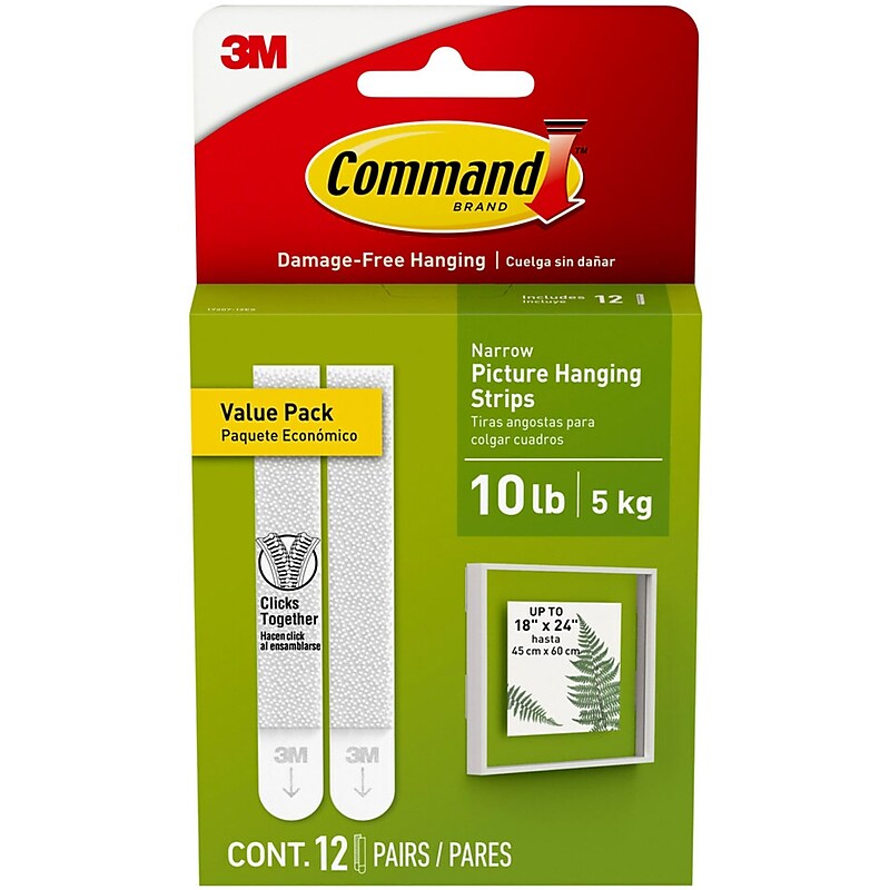 Command Narrow Picture Hanging Strips Value Pack, White, 12 Strips/Pack (17207-12ES) image 1