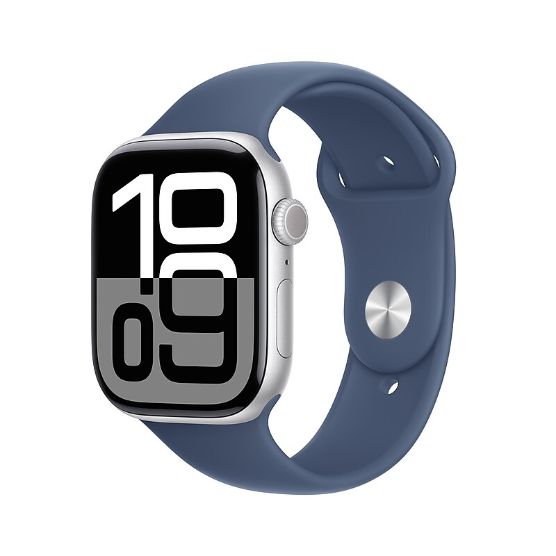 Apple Watch Series 10 GPS Smartwatch, 46mm, Silver Aluminum Case with Denim Sport Band, Small/Medium (MWWL3LW/A) image 1