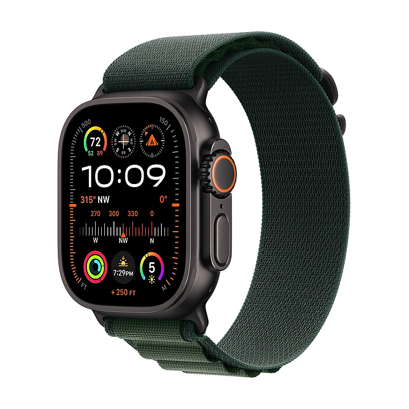 Apple Watch Ultra 2 GPS + Cellular Smartwatch, 49mm, Black Titanium Case with Dark Green Alpine Loop, Medium (MX4R3LW/A) image 1