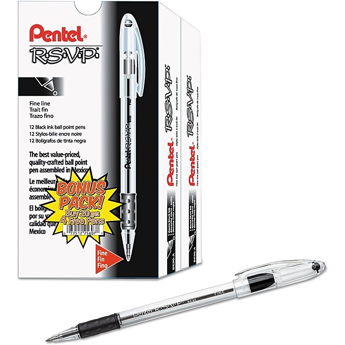 Pentel R.S.V.P. Ballpoint Stick Pens, Fine Point, Black Ink with