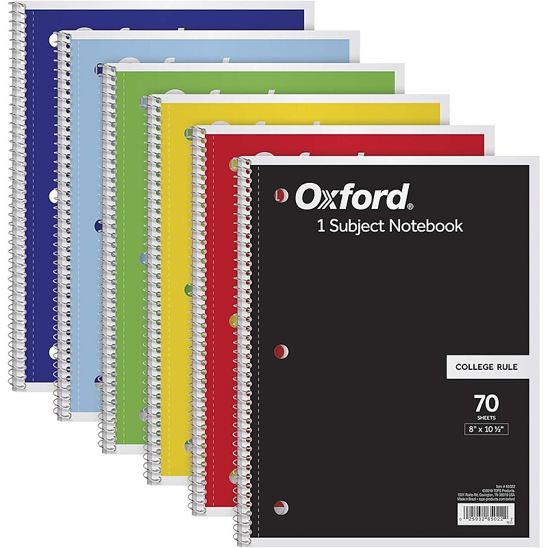 Oxford 1-Subject Notebooks, 8" x 10.5", College Ruled, 70 Sheets, Each (65022) image 1
