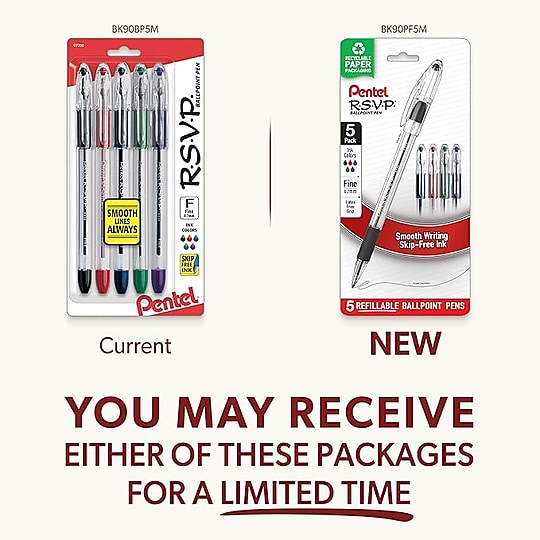 Pentel R.S.V.P. Ballpoint Pens, Fine Point, Assorted Ink, 5 Pack (BK90BP5M)~#|#~sp255101427_sc7