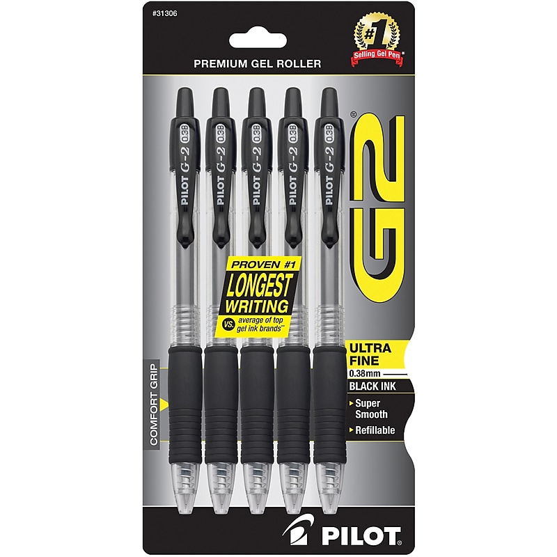 Pilot G2 Retractable Gel Pens, Ultra Fine Point, Black Ink, 5/Pack (31306) image 1