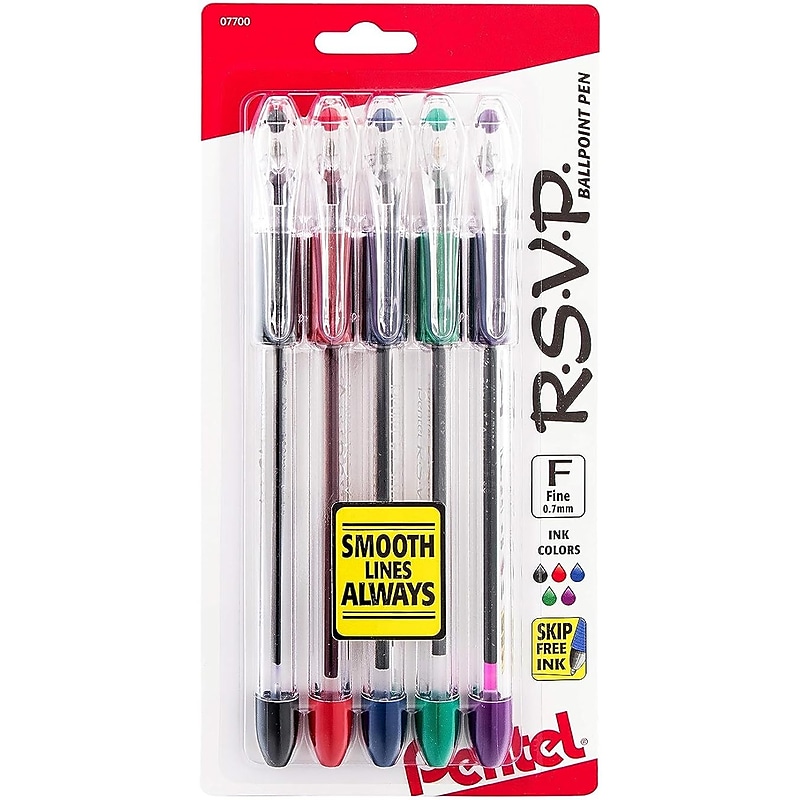Pentel R.S.V.P. Ballpoint Pens, Fine Point, Assorted Ink, 5 Pack (BK90BP5M) image 1