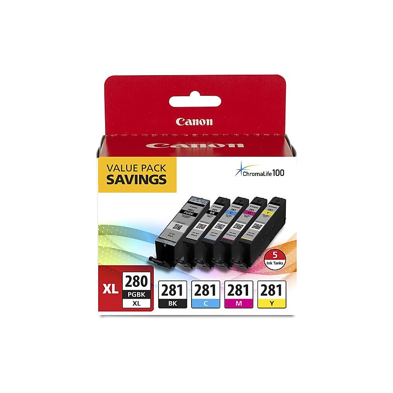 Canon 280XL/281 Black High Yield and Photo Black/Cyan/Magenta/Yellow Standard Yield Ink Cartridge, 5/Pack   (2021C007) image 1