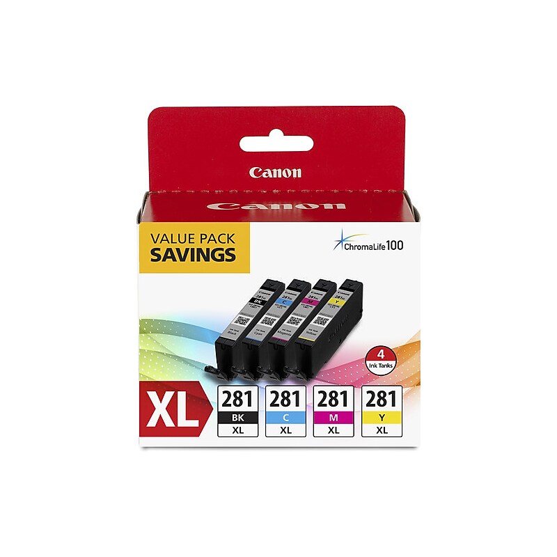 Canon 281XL Black/Cyan/Magenta/Yellow High Yield Ink Cartridge,  4/Pack (2037C005) image 1