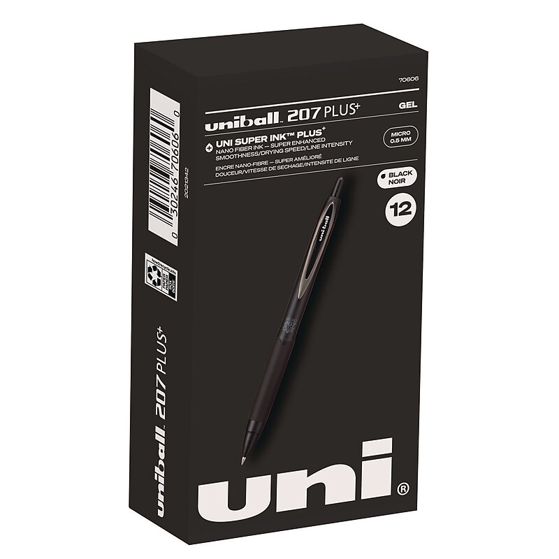 uniball 207 Plus+ Retractable Gel Pen, Micro Point, 0.5mm, Black Ink, Dozen (70606) image 1