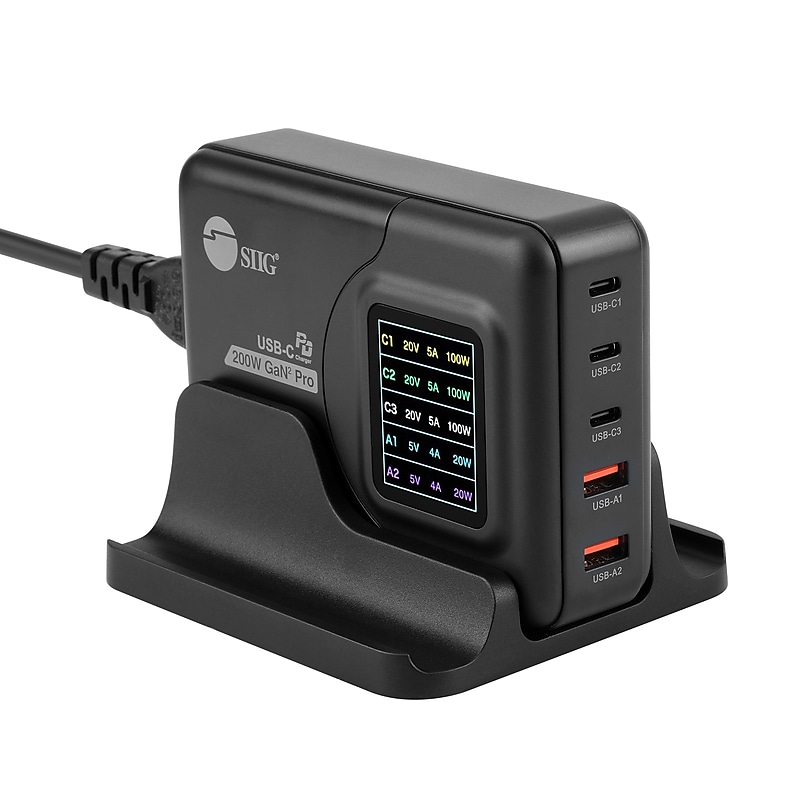 SIIG GaN USB-A/USB-C Charging Stand, 200W, Black (AC-PW1Y11-S1) image 1