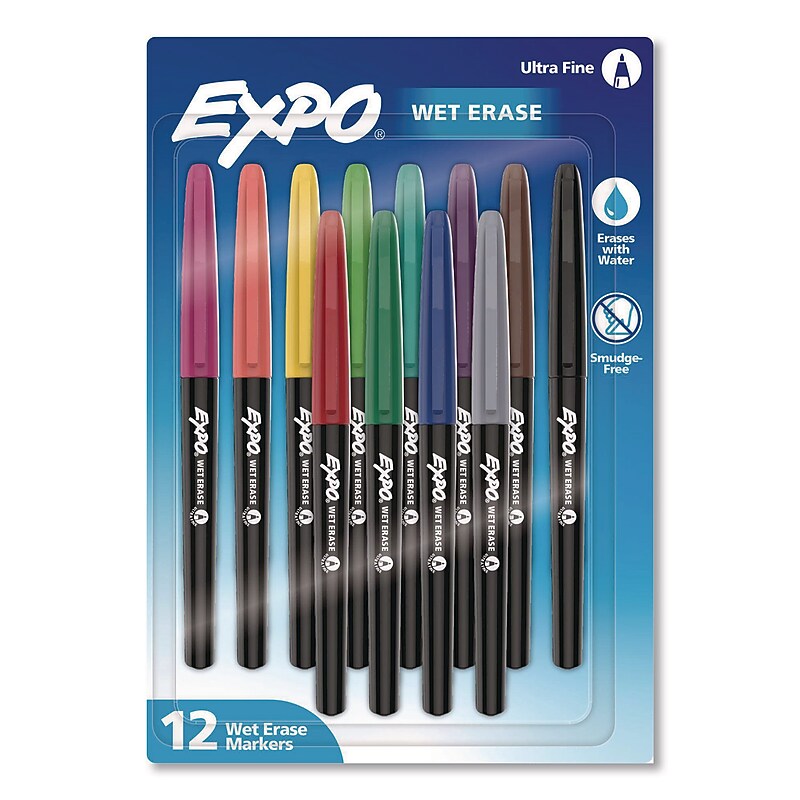 EXPO Wet Erase Marker, Ultra Fine Tip, Assorted Colors, 12/Pack (2211351) image 1