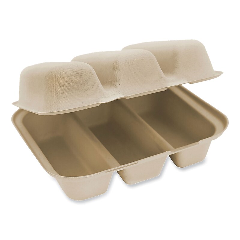 World Centric Plant-Based 3-Compartment Fiber Hinged Carryout Container, Natural, 300/Carton (TO-SC-T3-LFS) image 1