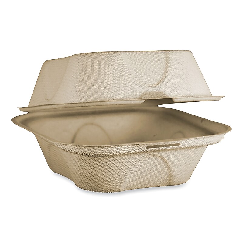 World Centric Plant-Based Fiber Hinged Burger Box Carryout Container, Natural, 500/Carton (TO-SC-U15B-LFP) image 1