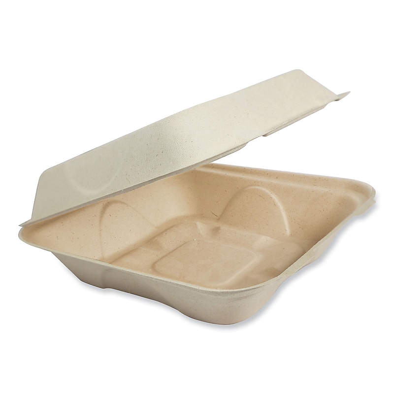 World Centric Plant-Based Fiber Hinged Carryout Container, Natural 300/Carton (TO-SC-U85-3-LFP) image 1