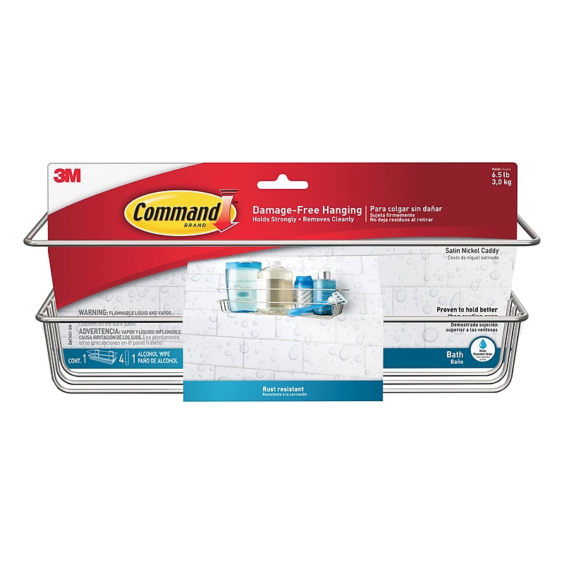 Command Shower Caddy, Satin Nickel, 1 Caddy, 1 Prep Wipe, 4 Large Water-Resistant Strips/Pack (BATH31-SN-ES) image 1