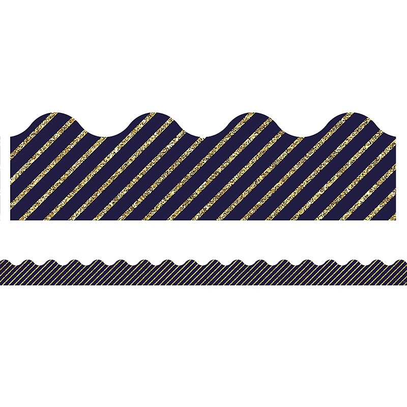 Carson-Dellosa Sparkle and Shine Gold Glitter and Navy Stripe Scalloped Borders, 13 Strips per Pack (108322) image 1