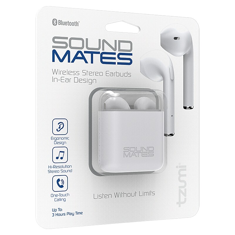 Tzumi SoundMates Wireless Bluetooth Earbuds with Protective Charging Case, White (5761) image 1