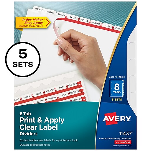 Avery Index Maker Print Apply Label Paper Dividers 8 Tab White 5 Sets Pack 11437 Staples