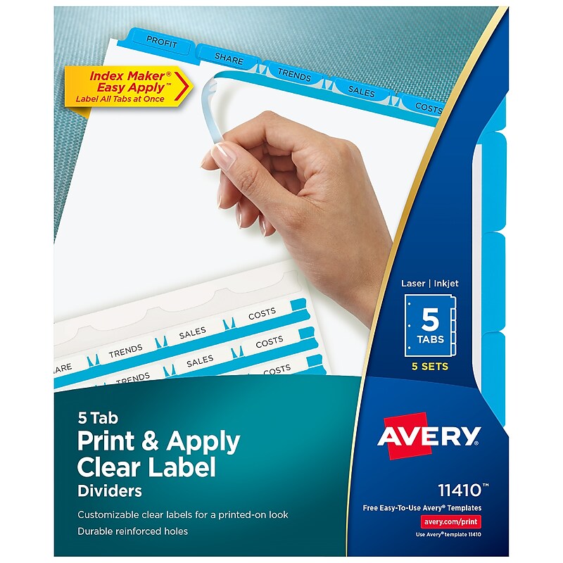 Avery Index Maker Print & Apply Label Paper Dividers, 5-Tab, Blue, 5 Sets/Pack (11410) image 1