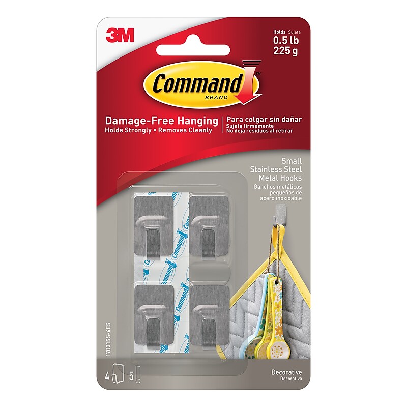 Command Mini Decorative Hooks, 0.5 lb., Stainless Steel, 4 Hooks, 5 Strips/Pack (17031SS-4ES) image 1