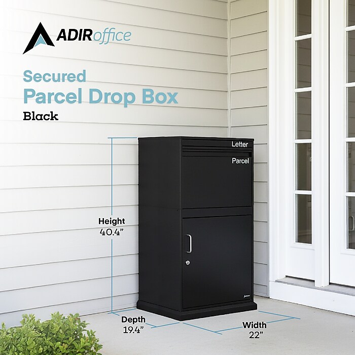 AdirOffice Steel Locking Parcel Drop Box Mailbox, Large, Black