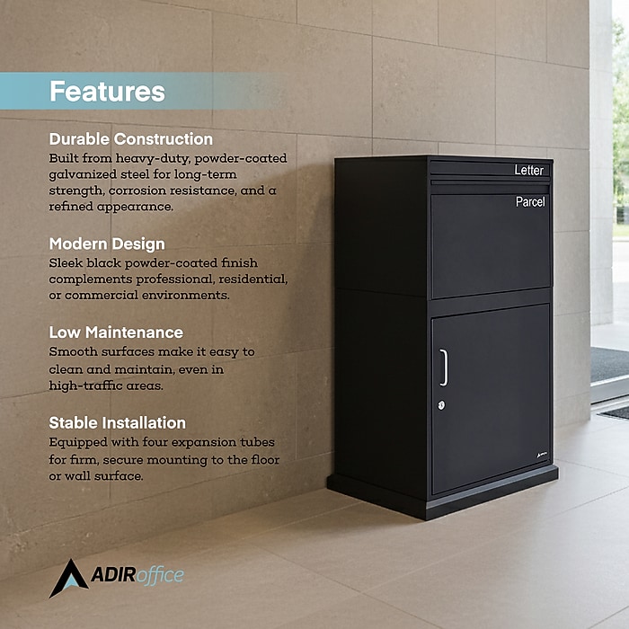 AdirOffice Steel Locking Parcel Drop Box Mailbox, Large, Black