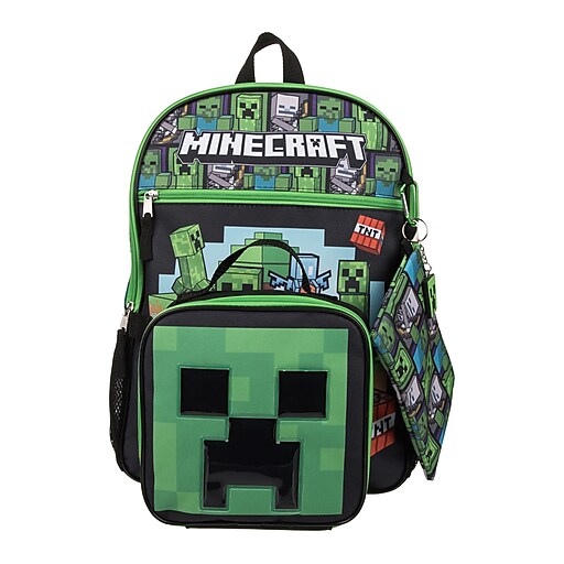 Bioworld Kids 5-Piece Minecraft Backpack Set, Large, Green/Black