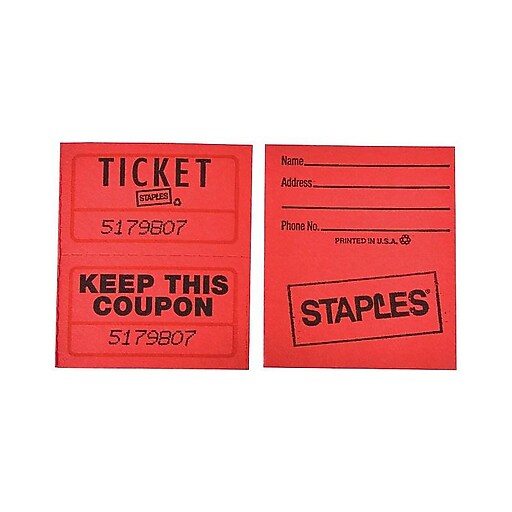 Staples Double Ticket Roll, Red, 2000/Roll, 1 Roll Staples