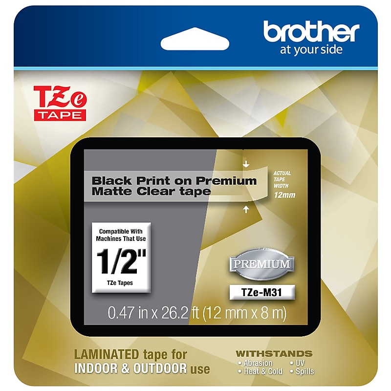 Brother P-touch TZe-M31 Laminated Premium Label Maker Tape, 1/2" x 26-2/10', Black on Matte Clear (TZe-M31) image 1