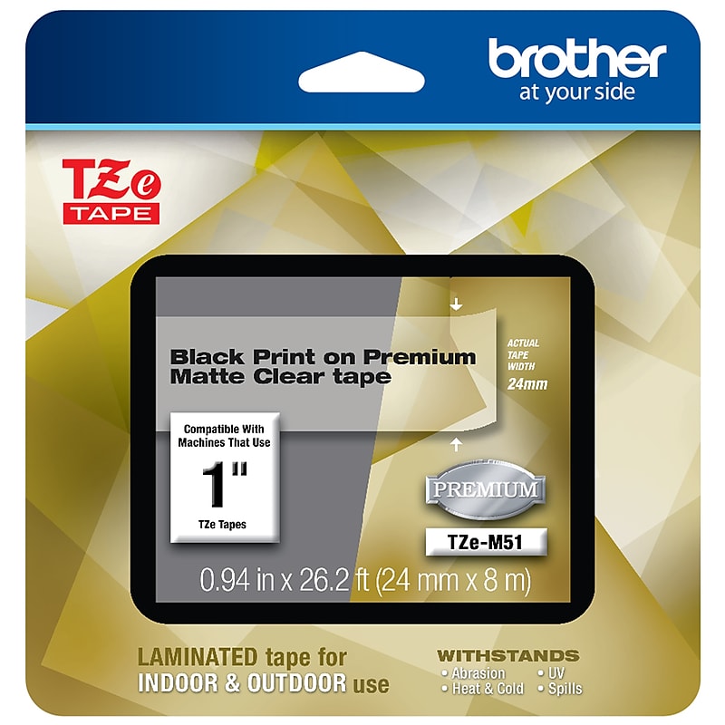 Brother P-touch TZe-M51 Laminated Premium Label Maker Tape, 1" x 26-2/10', Black on Matte Clear (TZe-M51) image 1