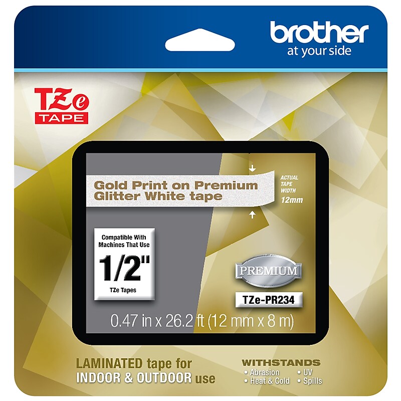 Brother P-touch TZe-PR234 Laminated Premium Label Maker Tape, 1/2" x 26-2/10', Gold on Glitter White (TZe-PR234) image 1