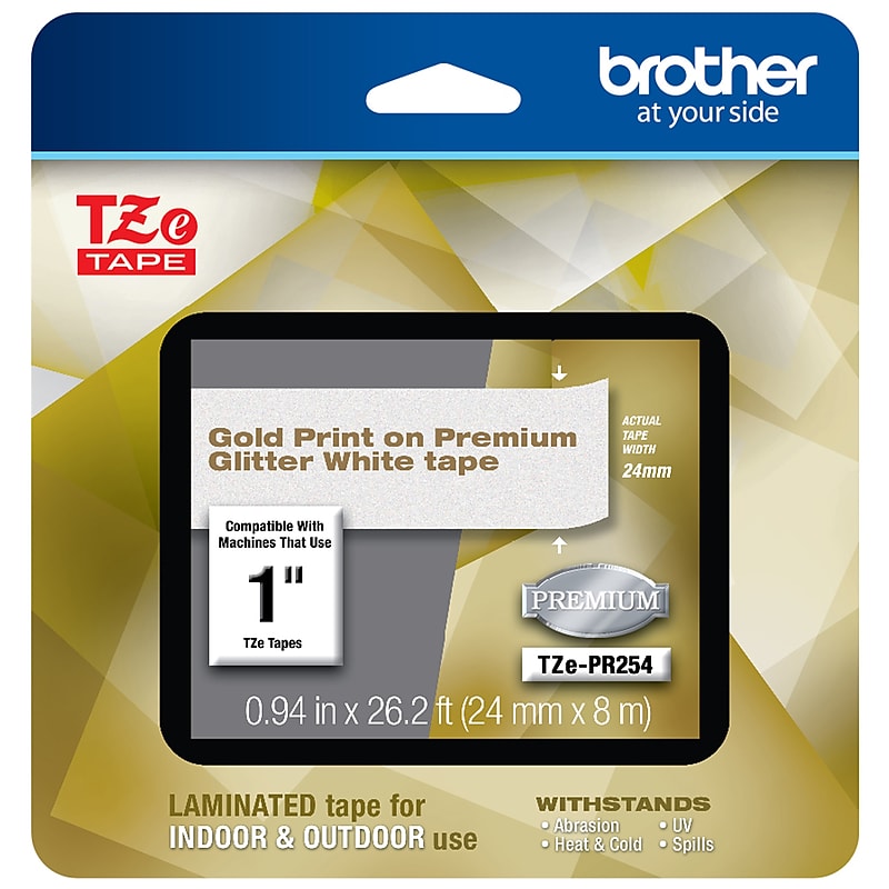 Brother P-touch Laminated Tape, 1", Gold Print on Premium Glitter White (TZe-PR254) image 1