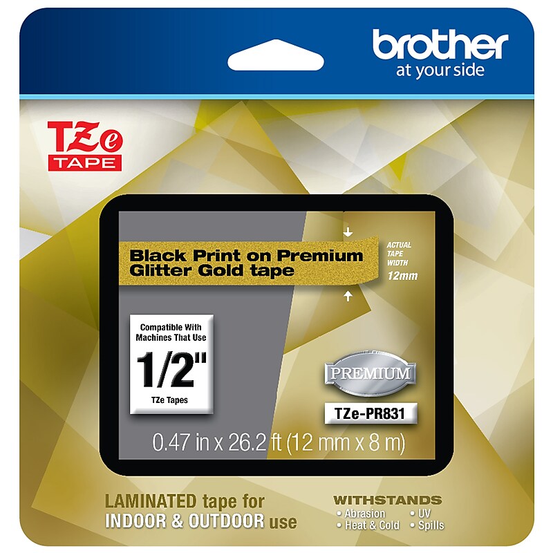 Brother P-touch TZe-PR831 Laminated Tape, 1/2", Black Print on Premium Glitter Gold image 1