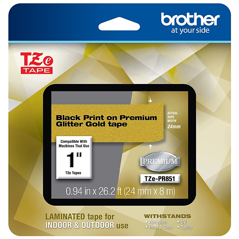 Brother P-touch TZe-PR851 Laminated Premium Label Maker Tape, 1" x 26-2/10', Black on Glitter Gold (TZe-PR851) image 1