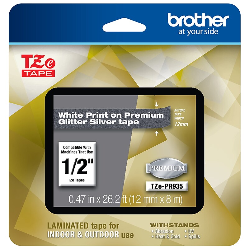 Brother P-touch TZe-PR935 Laminated Premium Label Maker Tape, 1/2" x 26-2/10', White on Glitter Silver (TZe-PR935) image 1