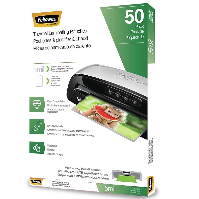 Fellowes Thermal Laminating Pouches, Letter Size, 5 Mil, 50/Pack (5744501) image 1
