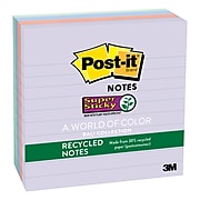 Post-it® Recycled Super Sticky Notes, 4" x 4", Bali Collection, Lined, 90 Sheets/Pad, 4 Pads/Pack (675-4SSNRP)