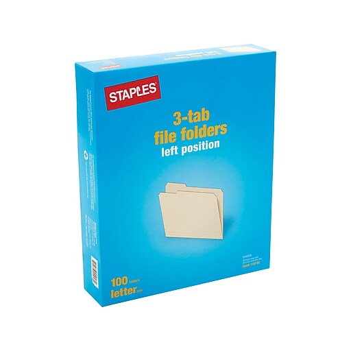 Staples® Manila File Folders, Letter, 3 Tab, Left Position, 100/Box